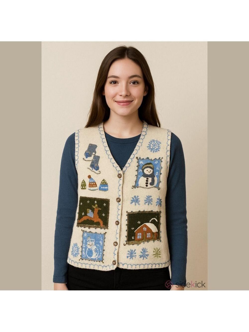 Vintage embroidered sweater grandma snowman, gingerbread house snow teachercore